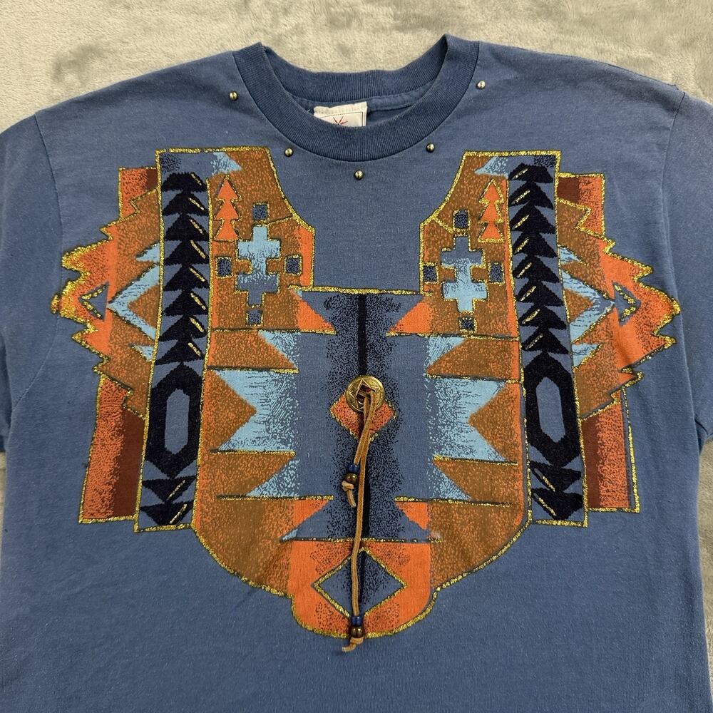 Vintage 90s KWBL Los Angeles Beaded Southwestern Shirt Blue Embellished OSFA